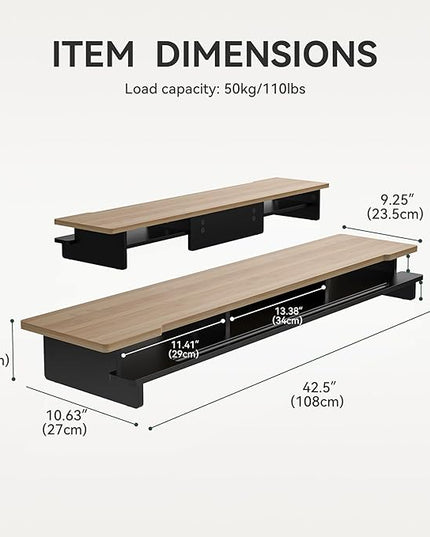 Monitor Stand Dual Monitor Stand Riser for Desk,Wood Desk Shelf Storage Organizer with Phone Tablet Holder (42.5 Inch, Black & Dark Bamboo)