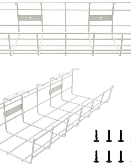 Under Desk Cable Tray - 2 Pack Cable Raceway for Wire Management. Metal Wire Organizer for Office, Studio and Home. Super Sturdy Cord Organizer for Desk - White Cable Management Under Desks