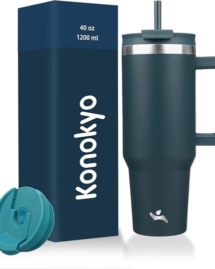 40 oz Tumbler with Handle and 2 Straws,2 in 1 Lid Insulated Water Bottle Stainless Steel Travel Coffee Mug,Navy blue