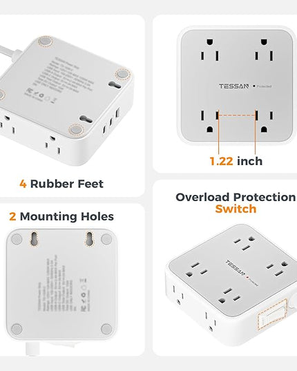 Surge Protector Power Strip, TESSAN Flat Plug Extension Cord with Multiple Outlets, 8 AC Outlets, 3 USB Ports(2 USB C), 5 Ft, 900 Joules Protection, 3-Sided Charging Station for Home Office Dorm Room