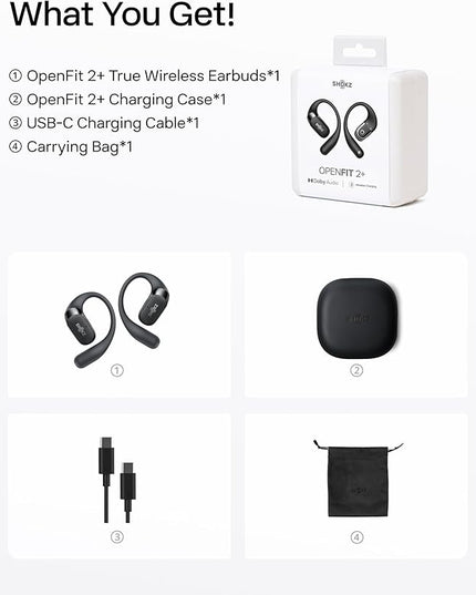SHOKZ New OpenFit 2+ Open-Ear Headphones, Dolby Audio Enabled, Comfortable Earbuds with Soft Ear Hooks, 48H Playtime, IP55 Water-Resistant, USB-C Fast Charging, Wireless Charging, Carrying Bag, Black