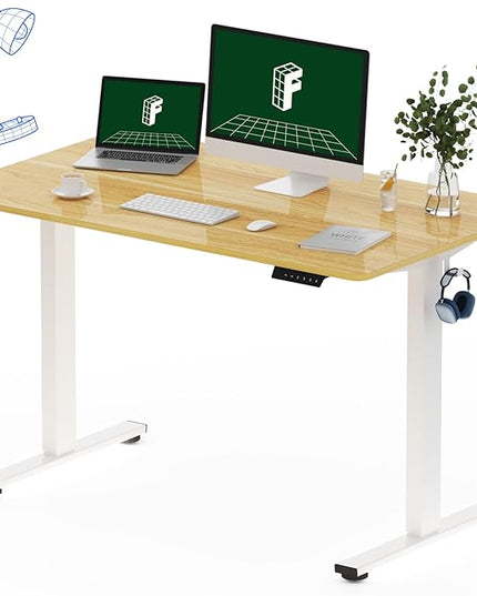FLEXISPOT One-Piece Electric Standing Desk, 48 x 30 Inches Adjustable Desk with Seamless Desktop, Memory Controller Height Adjustment (White Frame + Maple Desktop, 2 Packages)