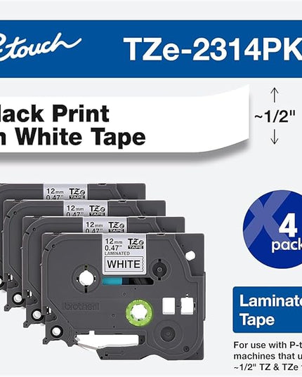 Brother Genuine P-touch TZe-231 4-Pack Tape (TZE2314PKB) ½” (0.47” or 12mm) x 26.2 ft. (8m) Laminated Black on White, (For use with PT-D210, PT-H110, PT-D220, PT-D410, PT-D600 Label Makers)