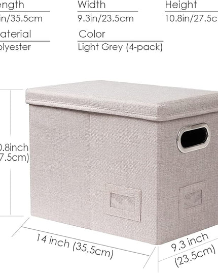 PRANDOM File Organizer Box - Set of 4 Collapsible Decorative Linen Filing Storage Hanging File Folders with Lids Office Cabinet Letter Size Light Grey (14x9.3x10.8 inch)