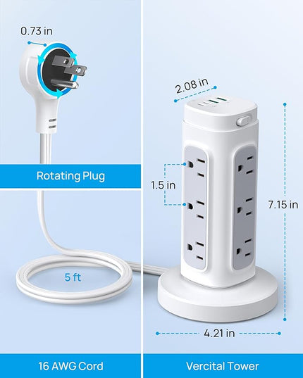 TROND Rotating Plug Power Strip Tower PD 20W - 5ft Retractable Extension Cord Surge Protector, 12 Outlets, 4 USB, 1700J Protection, Space Saving Home Office Desk Supplies, Dorm Room Essentials