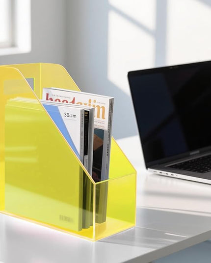 Acrylic Magazine Rack Desk File Holder Organizer for Office Desktop Vertical Magazine Storage Box, 12 x 10 x 5'', Neon Yellow