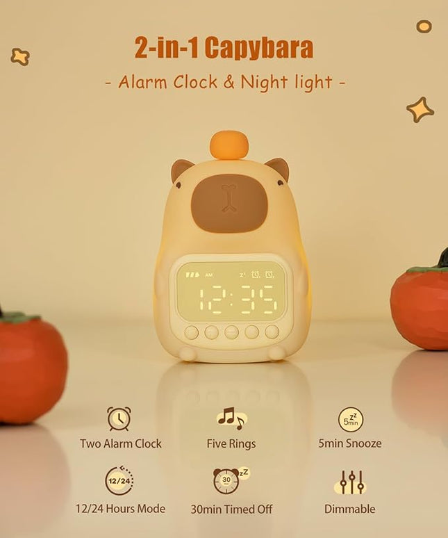 Capybara Alarm Clock with Night Light for Kids, Cute Toddler Alarm Clocks for Bedrooms Ok to Wake Clocks for Girls and Boys, Rechargeable Silicone Animal Tabletop Lamp for Kid