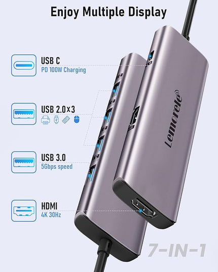 Lemorele USB C Docking Station for Laptop, 7 in 1 USB C Hub with 4K Dual HDMI, USB 3.0, 3*USB 2.0, 100W PD Suitable for MacBook Pro, Dell, HP, Surface, Lenovo Yoga