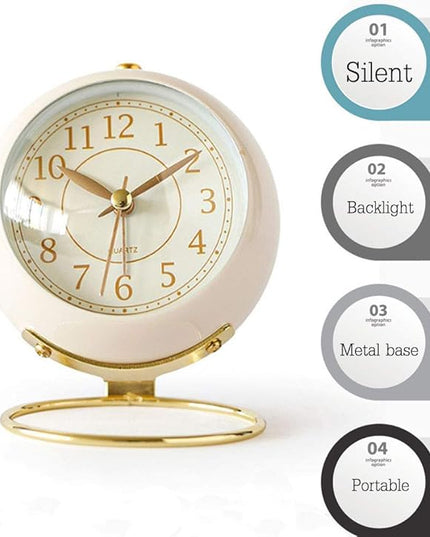 SHISEDECO Small Tableclocks Classic Non-Ticking Tabletop Alarm Clock with Backlight, Battery Operated Astronaut Deskclock with HD Glass for Living Room Bedroom Bedside Indoor Decor (White)