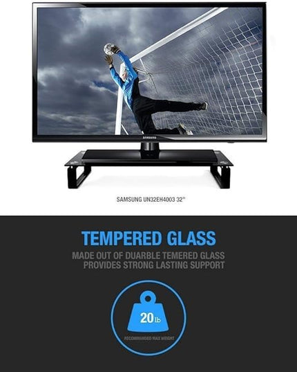 Eutuxia Type-S Black Tempered Glass Monitor Stand, TV, Laptop, Computer, All-In-One Desktop, Printer Riser [21.75 x 8.25 x 3.25 Inches]