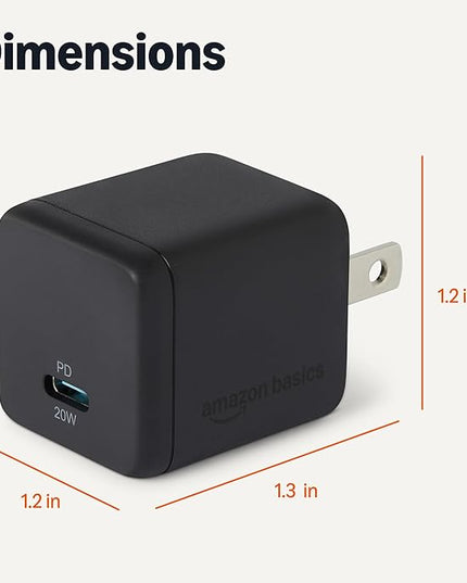 Amazon Basics Fast Charging USB C Nano GaN Wall Charger, 20W 1-Port PD 3.1 for Tablets Phones, Black