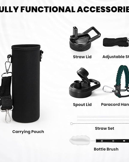 Insulated Water Bottle 20 oz, Triple Wall Vacuum Stainless Steel (Cold for 48 Hrs), Leak Proof & Non-BPA, Kids Water Bottle Jug for School with Straw Spout Lids, Dark Green