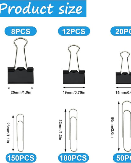 Binder and Paper Clips Set, 340 pcs Assorted Sizes in Container With Compartments - Silver Paper and Black Binder Clips for Home, School, Office Supplies