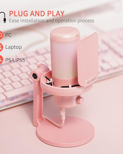 FEELWORLD VM1 Pink Gaming PC USB Microphone Condenser Mic with Noise Cancellation Mute RGB Light, Computer Accessories Gifts for Gamer YouTube Twitch Podcast Streaming Recording Online Chat PS4 PS5