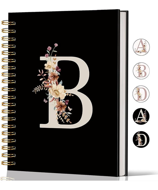 Lacama Cute Initial Letter B School Notebook Journal, Aesthetic Wildflower Personalized Black Spiral Notebook, School Supplies, Customized Monogrammed Gifts, Birthday Gifts for Women, Office Supplies