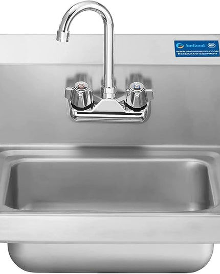 Express KitchQuip 15" x 17" Stainless Steel Wall Mount Hand Sink with Gooseneck Faucet & Side Splash – NSF Certified Commercial Handwashing Basin