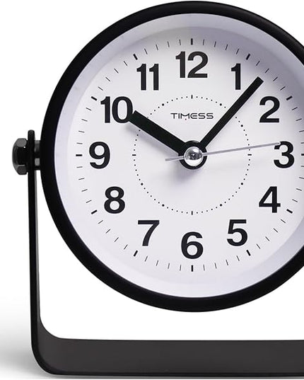 TIMESS Analog Alarm Clock, Silent Non-Ticking Quartz Movement, Battery-Operated with Snooze & On-Demand Light, Easy to Set Gentle Wake Bedside Desk Clock, Ideal for Home, Travel, Office (Black)