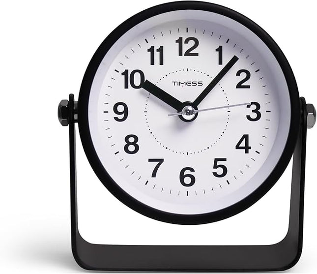 TIMESS Analog Alarm Clock, Silent Non-Ticking Quartz Movement, Battery-Operated with Snooze & On-Demand Light, Easy to Set Gentle Wake Bedside Desk Clock, Ideal for Home, Travel, Office (Black)