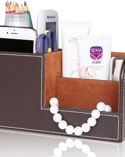 KINGFOM Desk Organizer Office Supplies Caddy Pu Leather Multi-function Storage Box Pen/Pencil,Cell phone, Business Name Cards Remote Control Holder Brown