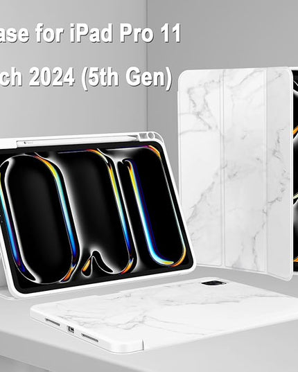ZryXal iPad Pro 11 Inch Case (M5) 2025/ (M4) 2024 (Model: A2836/A2837/A3006), Trifold Stand Smart Cover with Pencil Holder and Soft TPU Back, Auto Wake/Sleep (Marble White)