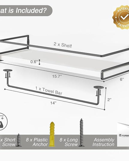 Forbena White Floating Shelves for Bathroom Organizer Over Toilet, Bathroom Shelves Wall Mounted with Towel Rack, Corner Wall Shelf for Bedroom Decor Kitchen Storage (White-Dark Grey, Set of 2)