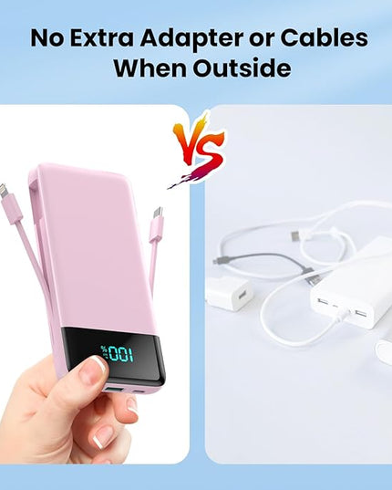 Portable Charger for iPhone with Built in Cables and Wall Plug,Upgraded 13800mAh Fast Charging USB C Power Bank,4 Outputs Travel Essential Battery Pack Compatible with iPhone 17/16/15/14,Samsung-Pink