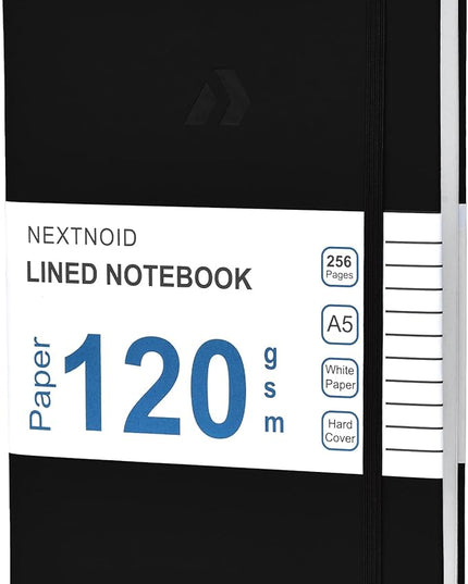 Nextnoid Hardcover Lined Journal Notebook - 120 GSM Thick Paper, Medium A5-256 Pages - Perfect For Writing, Journaling and Note-Taking (Black, Ruled)