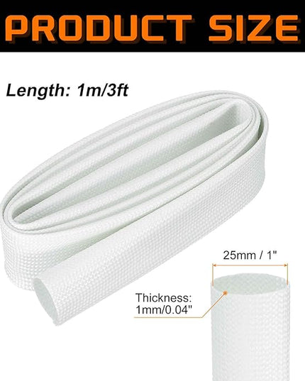 MECCANIXITY 3ft Braided Cable Sleeve, 1" ID 200C High Temperature 1500V Fiberglass Wire Insulation Cord Protector Organizer Wires Management for Motor Engine Fuel Line, White