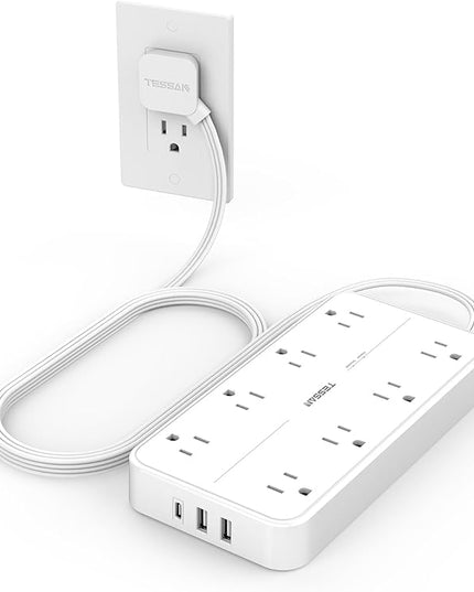 Power Strip with Surge Protection, TESSAN Flat Plug Extension Cord with 8 Outlets 3 USB Ports(1 USB C), 1080 Joules, 6 Ft, Wall-Mounted Charging Station for Apartment Office Dorm Room Essentials