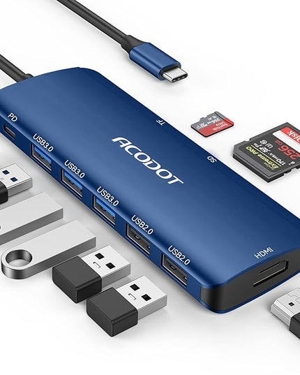 Acodot 9 in 1 USB C to 4K@60HZ HDMI Multiport Adapter, 3 USB 3.0 Ports, SD/TF Card Reader, 100W PD, Designed for MacBook Pro Air HP XPS etc, Blue