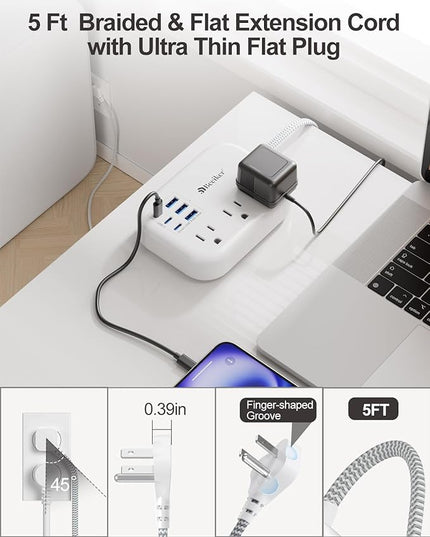 6 USB(3 USB C) Power Strip- Travel Power Strip with 6 USB Desktop Charging Station 24W/4.8A and 3 Outlets, 5Ft Flat Plug Braided Extension Cord, Non Surge Protector for Cruise Ship Travel Office Dorm