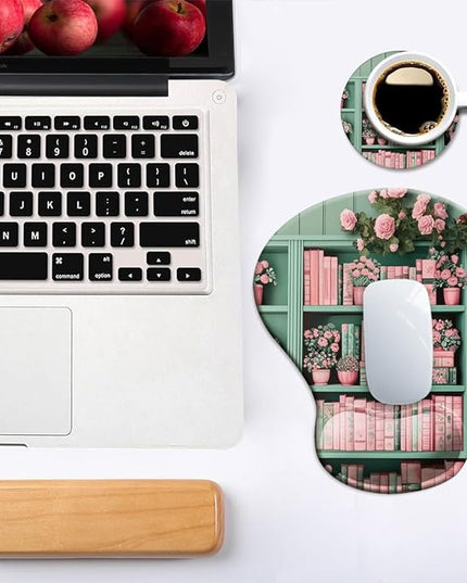 Ergonomic Mouse Pad with Wrist Support,Mouse Pad with Wrist Rest and Coaster Set,Office Supplies Non-Slip Mouse Pads for Desk, Non-Slip Comfortable,Book Floral