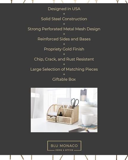 BLU MONACO | Gold Desk Organizer with Drawer | Metal Desktop Caddy with Six Compartments for Office Supplies | Stylish Desk Organizers and Accessories for Home or Office