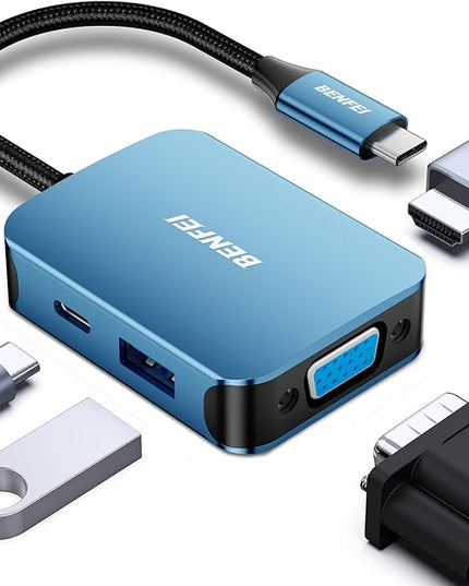 BENFEI USB C HUB 4-in-1, USB Type-C to HDMI VGA Adapter, USB C to USB Adapter, USB Type-C Power Delivery, Compatible with iPhone 15 Pro/Max, MacBook Pro/Air 2023, iPad Pro, iMac, S23, XPS 17