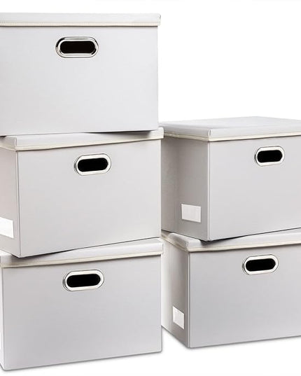 PRANDOM Large Stackable Storage Bins with Lids [5-Pack] Leather Fabric Foldable Storage Boxes Organizer Containers Baskets Cube with Cover for Bedroom Closet Office Nursery White (17.7x11.8x11.8)