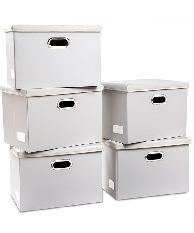 PRANDOM Large Stackable Storage Bins with Lids [5-Pack] Leather Fabric Foldable Storage Boxes Organizer Containers Baskets Cube with Cover for Bedroom Closet Office Nursery White (17.7x11.8x11.8)
