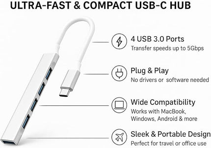 Mac USB C Adapter - Type C USB Adapter Hub with 4 Ports: 1 USB 3.0 + 3 USB 2.0, Ultra-Slim Aluminum Design, 5Gbps Transfer, Adapter for Mac USB C, Type C USB Hub (Silver)