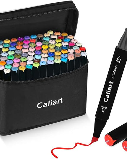 Caliart Markers, 100 Colors Dual Tip Art Markers Sketch Pens Permanent Alcohol Based, with Case for Adults Artists Drawing Illustration Sketching Coloring (Black Barrel)