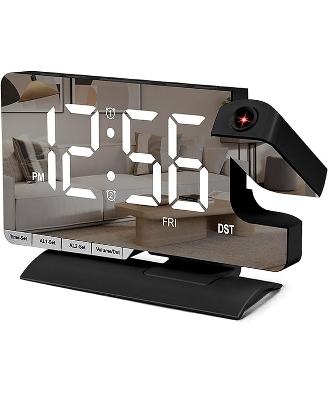 SZELAM Digital Clock,Alarm Clock Bedside with Projection,7.3" Mirror Clock with 180°Rotating Projector,Dual Alarm with 3 Mode,Brightnee Adjust,DST,Snooze,Charging Port,5 Levels Volume for Desk Teens