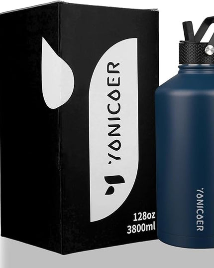 Insulated Water Bottle 128oz,Triple Wall Vacuum Stainless Steel(Dishwasher Safe),Leak Proof & Non-BPA,Flask Jug with Paracord Handle & Straw Spout Lids Sports Navy Blue