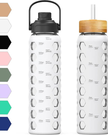 MUKOKO 32oz Glass Water Bottles with 2 Lids-Handle Spout Lid&Bamboo Straw Lid, Motivational Water Tumbler with Time Marker Reminder and Silicone Sleeve, Leakproof-White-1 Pack