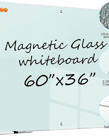 Magnetic Glass Whiteboard - 60"x36" Dry Erase White Board Frameless Glass Boards with Super Strong Magnets, Wall Mounted for Office, School and Home