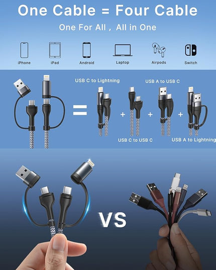 XUDUO 4 in 1 Charging Cable [2Pack 6.6FT] Fast Charging Cord Apple MFi Certified Lightning Cable Nylon Braided 60W Multi USB C Cable for iPhone 16/15 14 13 12 iPad Samsung Galaxy MacBook iPad Tablets