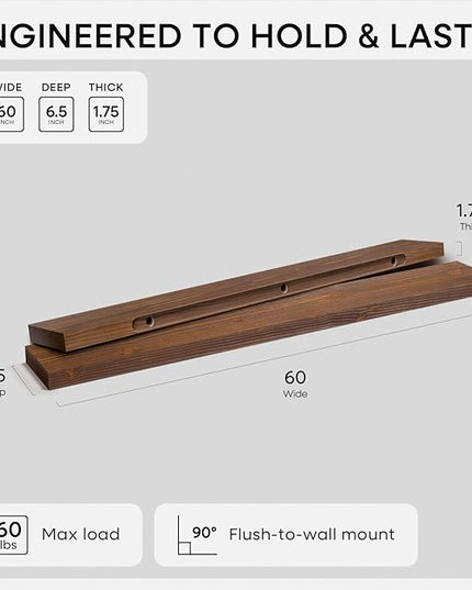 Homeforia Classic Walnut 60 inch Floating Shelf, High End Solid Real Wood Small 60inch Floating Shelves for Wall Mounted, 60in Floating Shelves, Heavy Duty Bracket, 60 X 6.5 X 1.75 inches, Set of 2