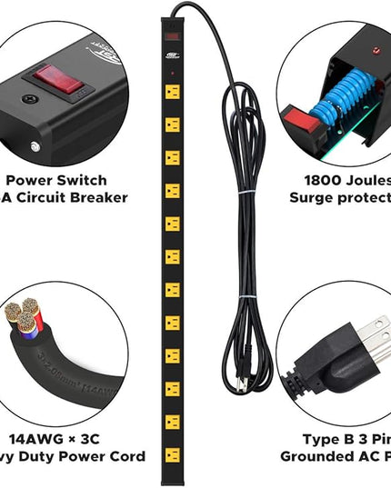 CRST Heavy Duty Surge Protector Power Strip Wide Spaced 12-Outlet 15 Feet Long Extension Cord with Mounting Brackets 15A Circuit Breaker 1800 Joules…