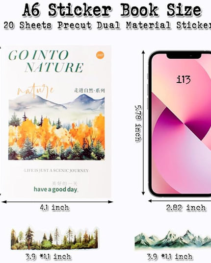 20 Sheets Nature Landscape Pre-Cut Journaling Stickers Book for Junk Journaling, Scrapbooking, Collage, Planner, Album, Transparent PET and Washi Stickers for Adults