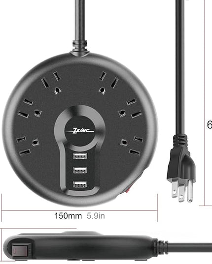 Power Strip, 6 Outlets and 3 USB Ports 6.5FT Long Extension Cord, Circle Socket Overload Surge Protector, 100% Copper Core, Flat Plug Charging Station Compact for Office, Home, Travel (Black)