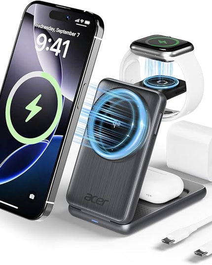 Acer 3 in 1 Charging Station for iPhone, Wireless Charger Stand,15W Fast MagSafe Charger for iPhone 17 16 15 14 13 12 Series-Apple Watch 10 9 8 7 6 5 4 3 2 SE and Ultra Series-Airpods 4 3 2 Pro Series