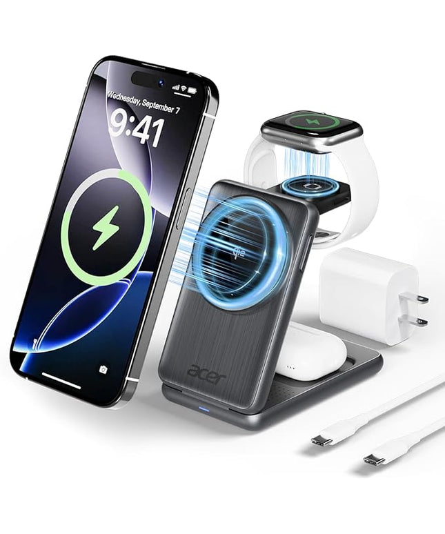 Acer 3 in 1 Charging Station for iPhone, Wireless Charger Stand,15W Fast MagSafe Charger for iPhone 17 16 15 14 13 12 Series-Apple Watch 10 9 8 7 6 5 4 3 2 SE and Ultra Series-Airpods 4 3 2 Pro Series