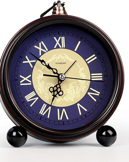 TIMESS Vintage Analog Alarm Clock, 4.3" Silent Non-Ticking Quartz Desk Clock with Roman Numerals, Battery Operated Table Clock for Bedroom, Living Room, Office, or Gift (Blue)